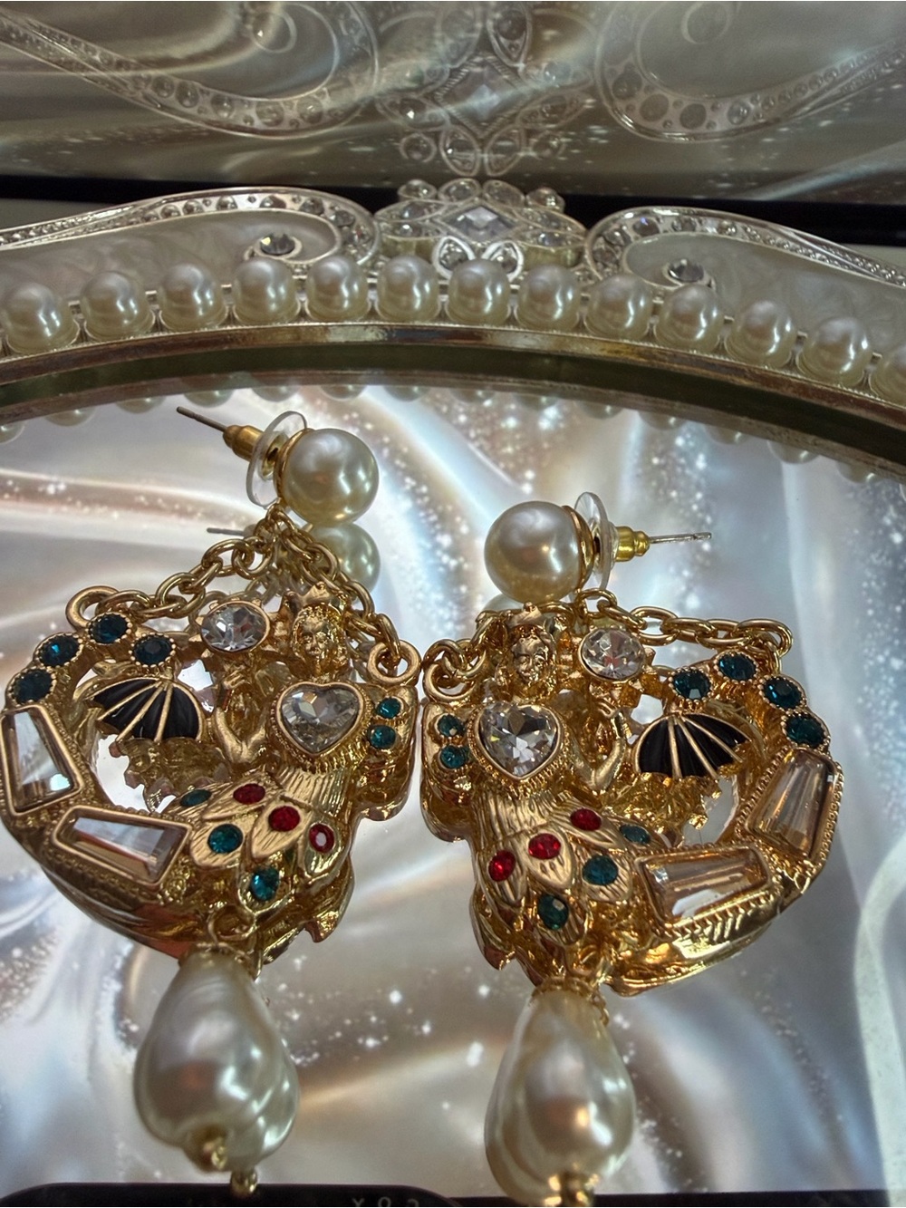 Vintage Mixed Metal Mermaid Shell Statement Earrings Rhinestone Pearl